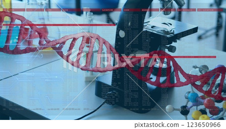 Image of digital data processing over dna strand and laboratory 123650966