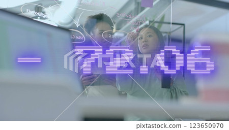 Nimation of financial data processing over diverse female colleagues brainstorming in office Nimation of financial data processing over diverse female colleagues brainstorming in office 123650970