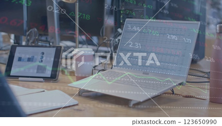 Image of financial data processing over computer on desk in office Image of financial data processing over computer on desk in office 123650990