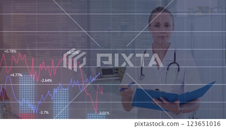 Image of financial data processing over caucasian female doctor 123651016