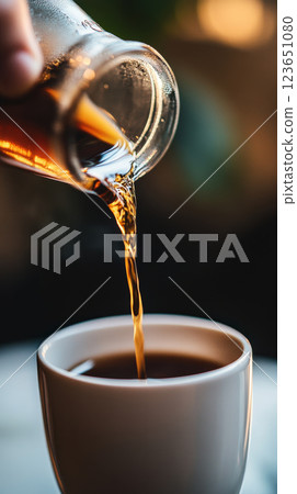 close up of coffee being poured from glass jar into white cup, capturing rich color and texture of beverage. warm tones create cozy atmosphere 123651080