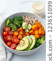 vibrant and healthy bowl featuring roasted sweet potatoes, cherry tomatoes, broccoli, quinoa, and avocado, drizzled with creamy dressing 123651099