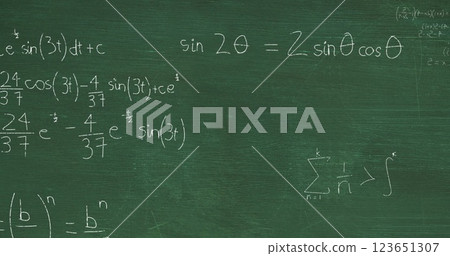 Image of layers of mathematical formulae and equations over green chalkboard 123651307