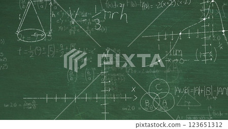 Image of layers of mathematical formulae and equations over green chalkboard 123651312