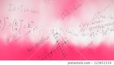 Image of layers of mathematical formulae and equations over pink and white smoke Image of layers of mathematical formulae and equations over pink and white smoke 123651319