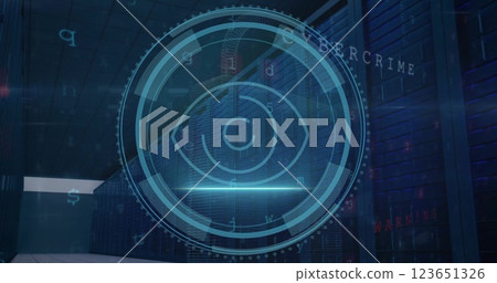 Image of data processing and scope with eye icon over computer servers Image of data processing and scope with eye icon over computer servers 123651326