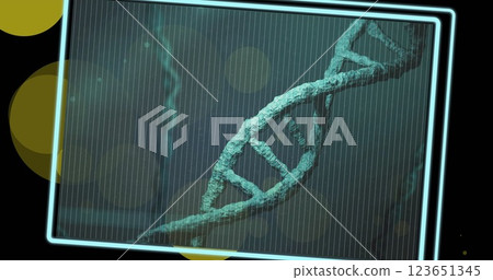 Image of dna strands spinning over glowing spots on dark background Image of dna strands spinning over glowing spots on dark background 123651345