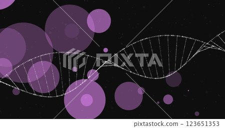 Image of dna strand spinning over glowing spots on dark background 123651353