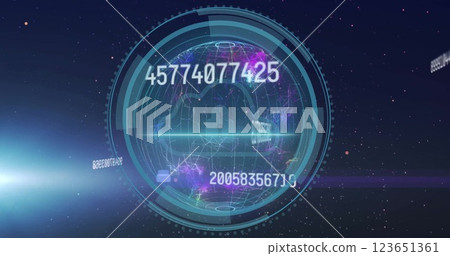 Image of data processing and scope scanning over cyber security text with padlock icon 123651361