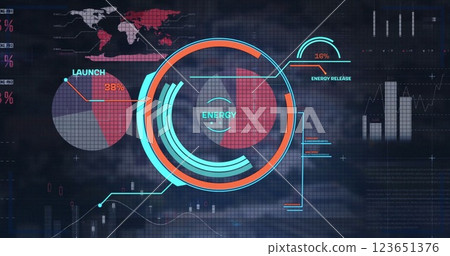 Image of financial data processing and scope scanning over cityscape 123651376