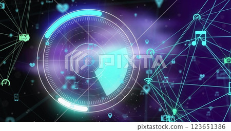 Image of network of connections with icons over scope scanning on black background 123651386