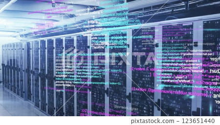 Image of layers of blue, pink and white text data processing over server room Image of layers of blue, pink and white text data processing over server room 123651440