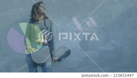 Image of globe and icons over caucasian woman with skateboard 123651447