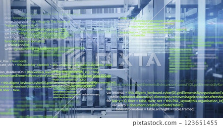 Image of layers of yellow and white text data processing over server room Image of layers of yellow and white text data processing over server room 123651455