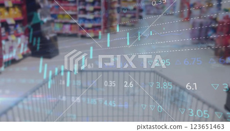 Image of financial data processing over shopping trolley in shop Image of financial data processing over shopping trolley in shop 123651463