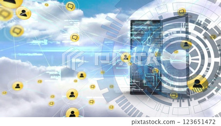 Image of network of people and chat icons and scanner processing data over blue sky Image of network of people and chat icons and scanner processing data over blue sky 123651472