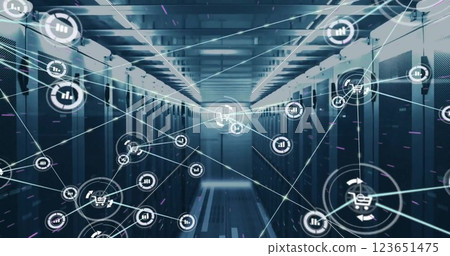 Image of network of shopping cart and data processing icons over server room 123651475