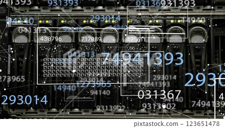 Image of networks and interfaces data processing over server room Image of networks and interfaces data processing over server room 123651478