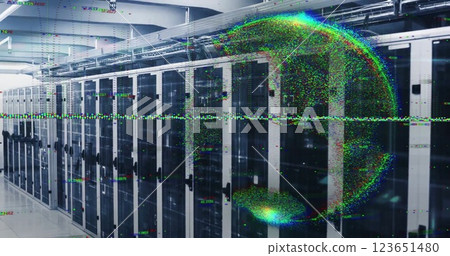 Image of glowing pixel globe and data processing over server room 123651480