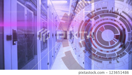 Image of layers of blue and pink light and circular scanner processing data over server room Image of layers of blue and pink light and circular scanner processing data over server room 123651486