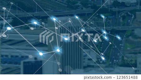 Image of network of connections over cityscape Image of network of connections over cityscape 123651488