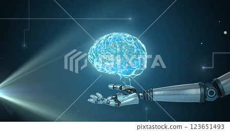 Image of spinning brain and robotic hand over light spots 123651493
