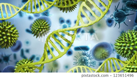 Image of dna strands over virus cells Image of dna strands over virus cells 123651496