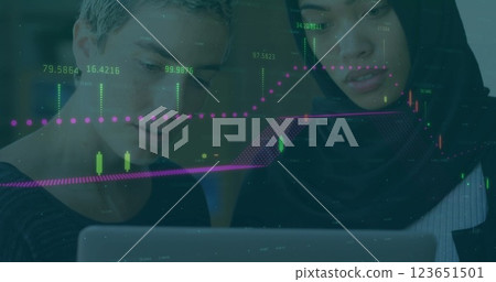 Image of financial data processing over diverse business people in office 123651501