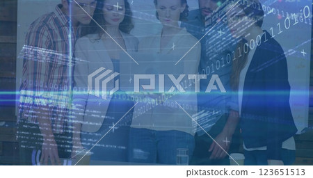 Image of financial data processing over diverse business people in office Image of financial data processing over diverse business people in office 123651513
