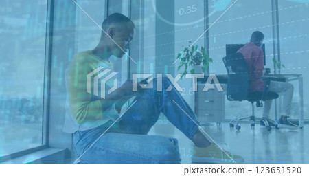 Image of financial data processing over biracial businesswoman using smartphone in office Image of financial data processing over biracial businesswoman using smartphone in office 123651520