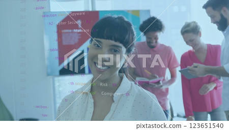 Image of data processing and code over diverse colleagues discussing work and smiling 123651540