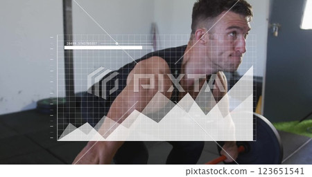 Image of data processing and diagrams over caucasian man lifting weight bar at gym 123651541