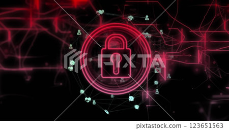 Image of data processing and padlock icon over dark background 123651563