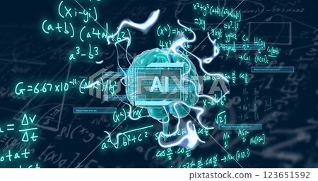 Image of spinning brain and ai text over mathematical equations and figures Image of spinning brain and ai text over mathematical equations and figures 123651592