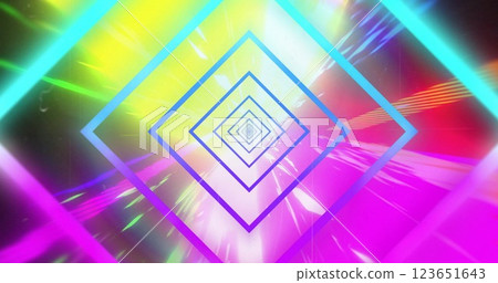 Image of concentric blue and purple neon diamonds over brightly coloured lights 123651643