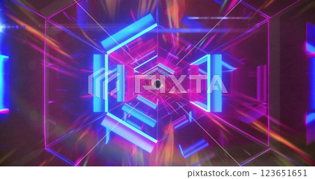 Image of pink and blue tunnel structure with colourful light trails on black background 123651651