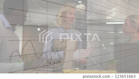 Image of data processing and diagrams over diverse colleagues discussing work Image of data processing and diagrams over diverse colleagues discussing work 123651663