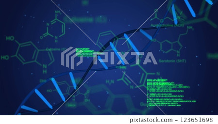 Image of data processing and chemical formula over dna strand 123651698