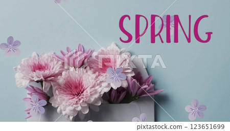 Image of spring text and stars over bunch of flowers Image of spring text and stars over bunch of flowers 123651699