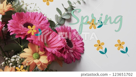 Image of spring text and stars over bunch of flowers Image of spring text and stars over bunch of flowers 123651702