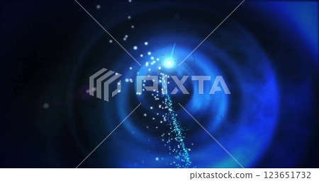 Image of glowing spots and trails of light moving on black background 123651732