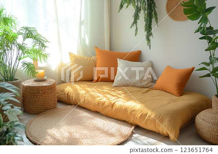 A cozy reading nook with mustard and white pillows on low couch, surrounded by indoor plants and natural light filtering 123651764