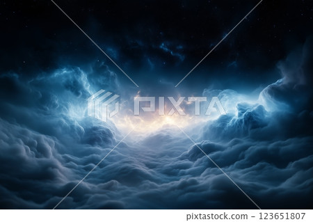 Clouds stretch across cosmic horizon, illuminated by glowing blue and golden light. Deep space expands above as clouds drift into cosmic depth, merging celestial space, atmospheric beauty,  123651807