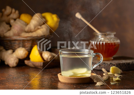 Ginger tea with lemon and honey. 123651826