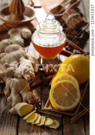 Ingredients for preparing ginger tea. Ingredients for preparing ginger tea. 123651837