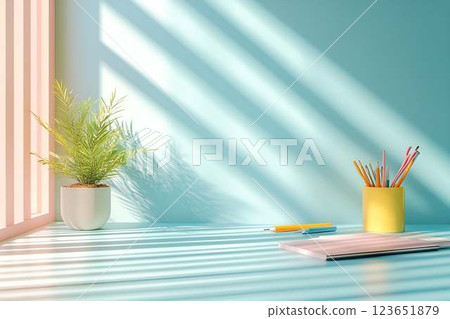 Minimalist workspace with a potted plant and colorful pencils in a sunlit room with soft shadows Minimalist workspace with a potted plant and colorful pencils in a sunlit room with soft shadows 123651879