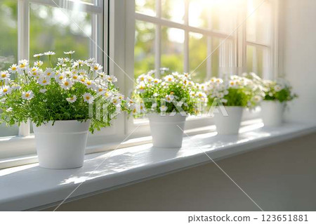 Four white potted daisy plants on a sunlit windowsill with fresh greenery outside, creating a bright and airy atmosphere Four white potted daisy plants on a sunlit windowsill with fresh greenery outside, creating a bright and airy atmosphere 123651881