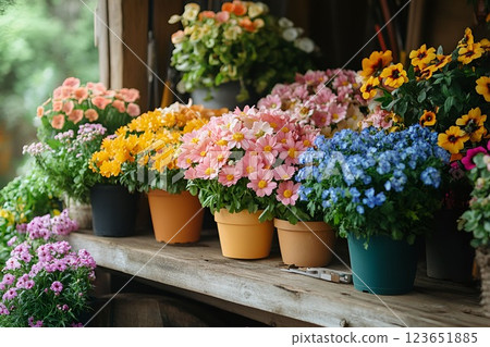 Colorful potted flowers in a rustic wooden setting, creating a vibrant and charming outdoor scene Colorful potted flowers in a rustic wooden setting, creating a vibrant and charming outdoor scene 123651885