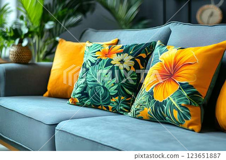Tropical-themed decorative pillows on a modern blue sofa with vibrant yellow accents and lush greenery in the background 123651887