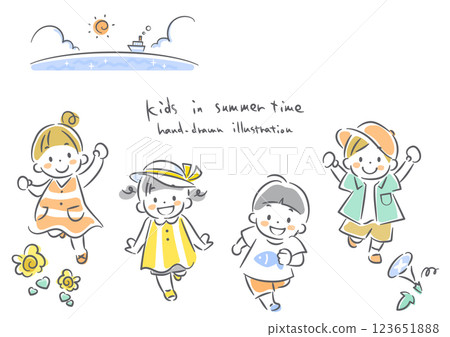 Children enjoying summer: cute hand-drawn line drawing illustration Children enjoying summer: cute hand-drawn line drawing illustration 123651888